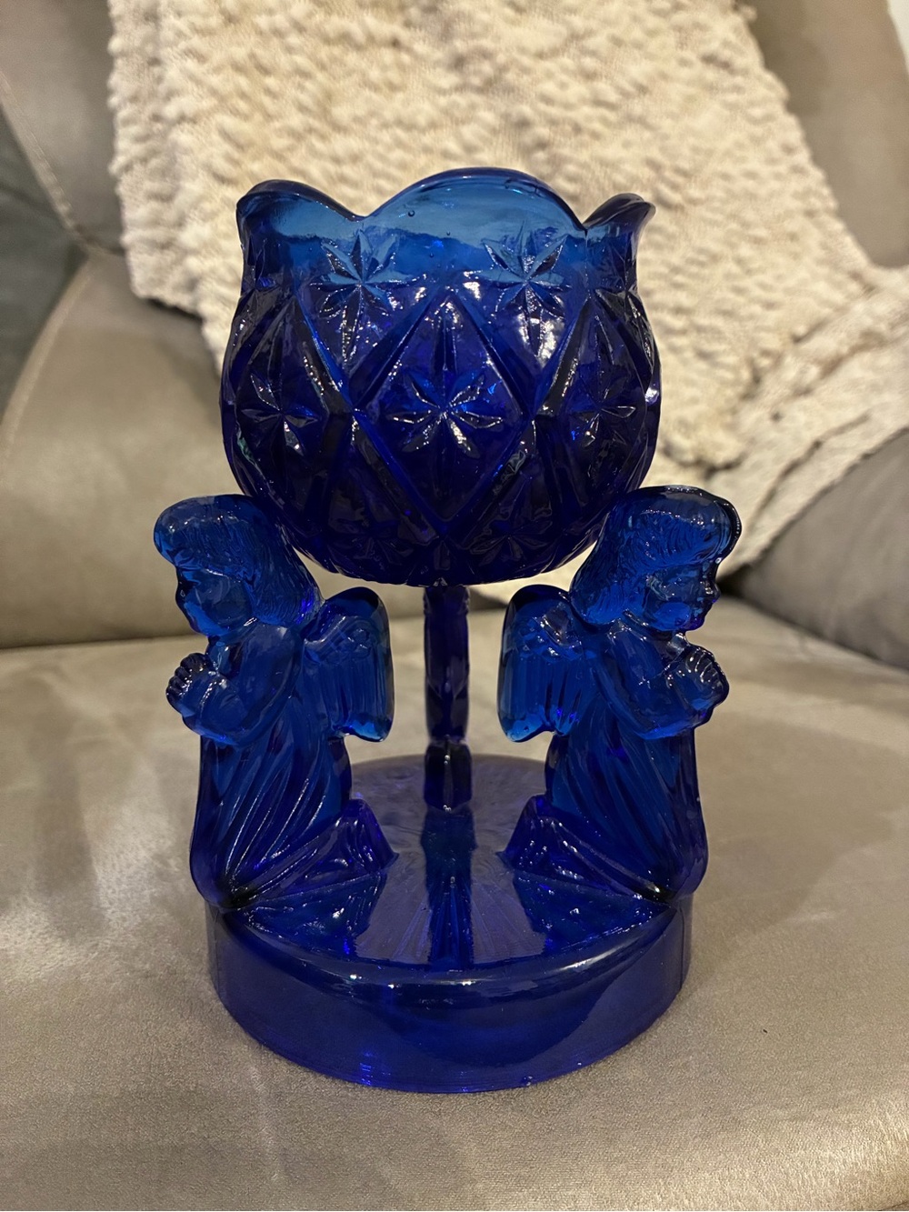 Vintage cobalt blue glass praying angels candle holder